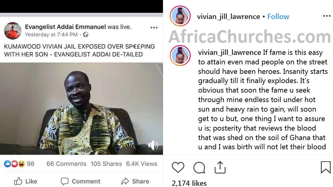 Kumawood Actress Vivian Jill reacts to sleeping with her son allegation from Evangelist Addai & rained curses on him